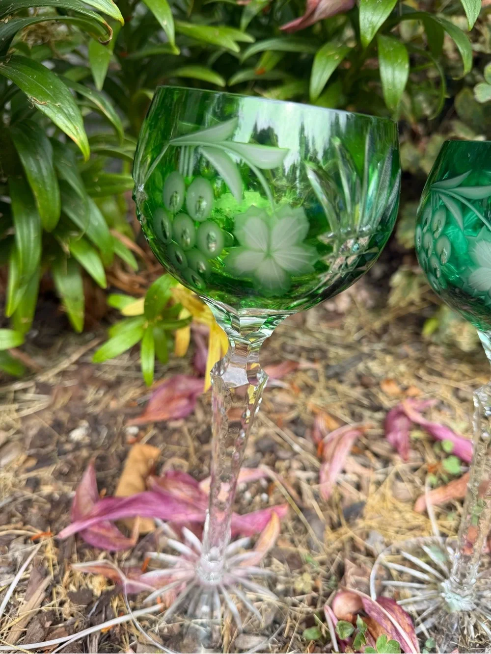 Green Cut Glass Wine Goblets - Set of 2
